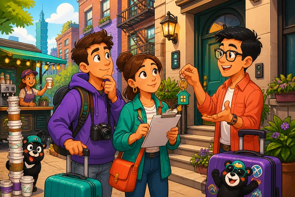 A friendly hotel reception scene showing guests asking about check-in, Wi‑Fi, and breakfast in French.