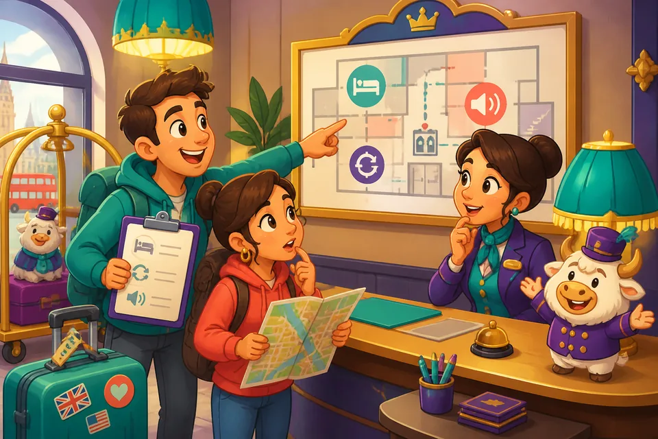 A hotel front desk scene showing common guest questions like room readiness and parking.