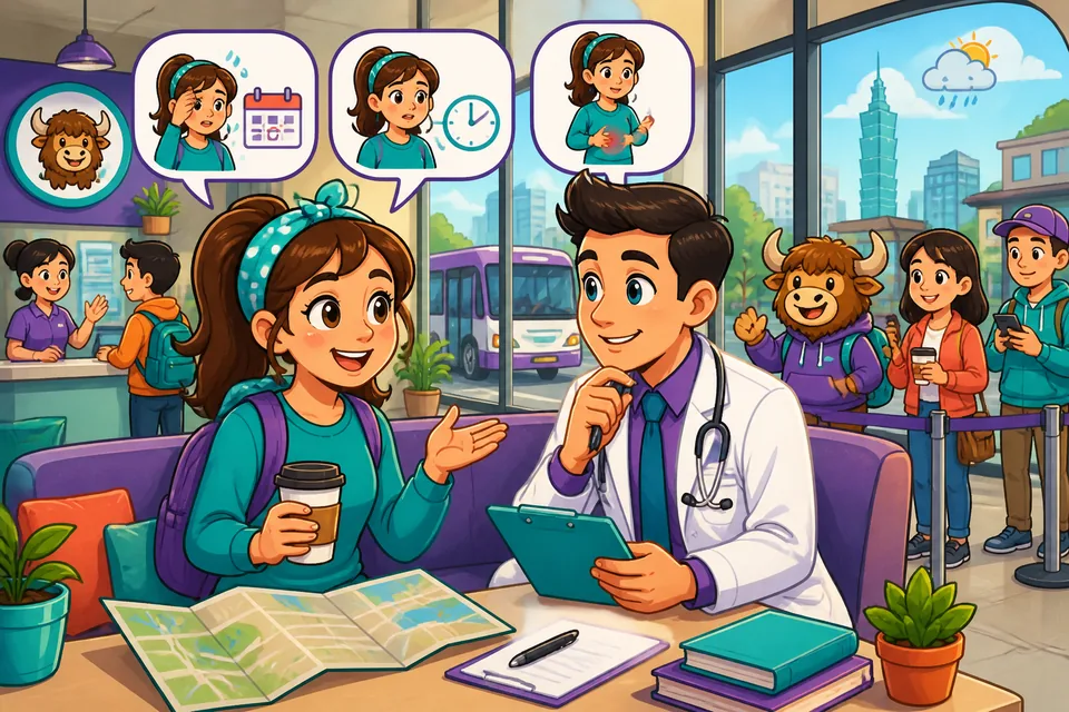 Two people in a clinic speaking French: one describes symptoms and asks about medicine and recovery time.