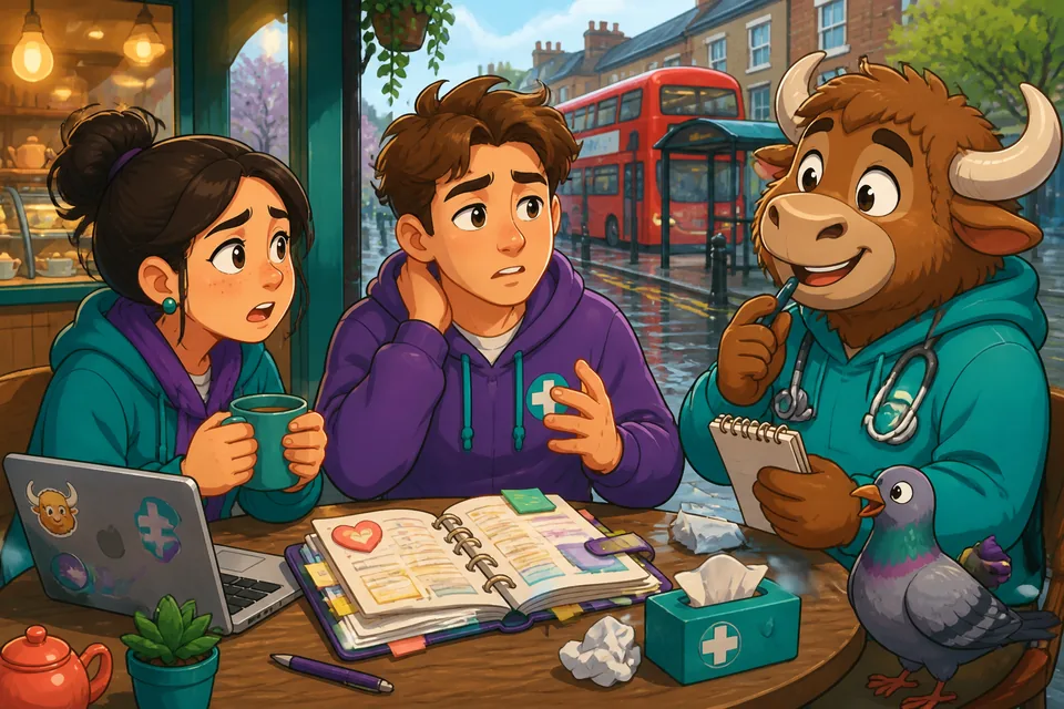 Illustration of a clinic reception and patient describing symptoms in French during a visit.