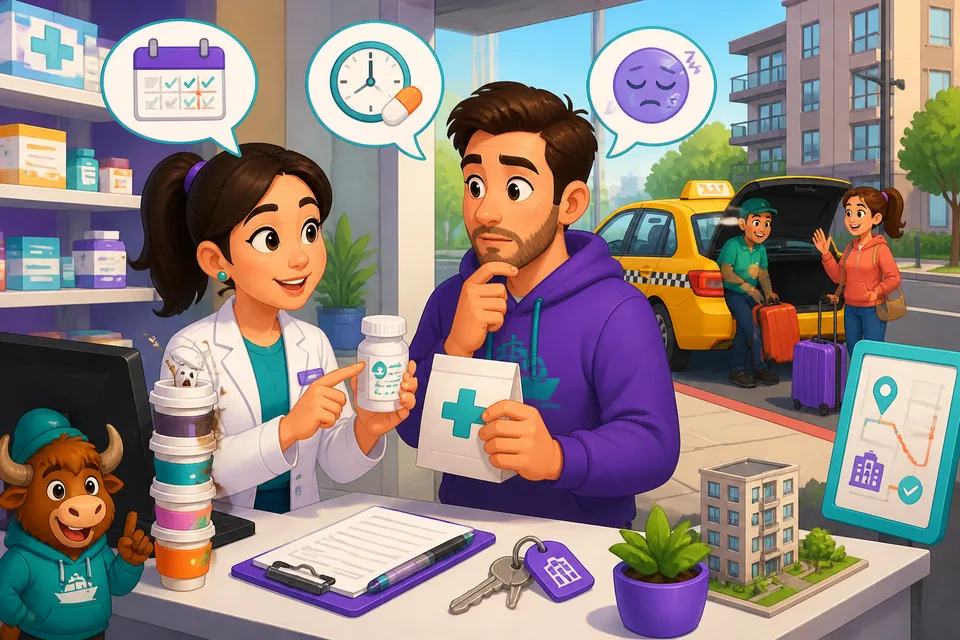 Two people at a pharmacy counter using short French questions about how to take and store medicine.