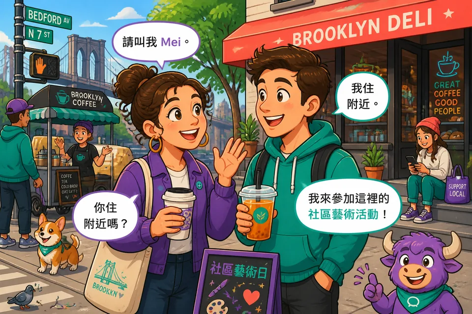 Close-up of a small group chatting: asking about why they are at the event and suggesting to stay in touch.