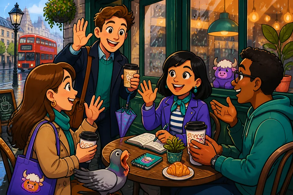 A friendly workplace scene illustrating B1-level French phrases for chatting with colleagues.