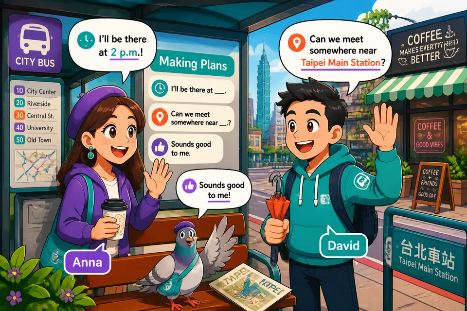 Anna and David meeting at a park bench, using French phrases to confirm time and place.