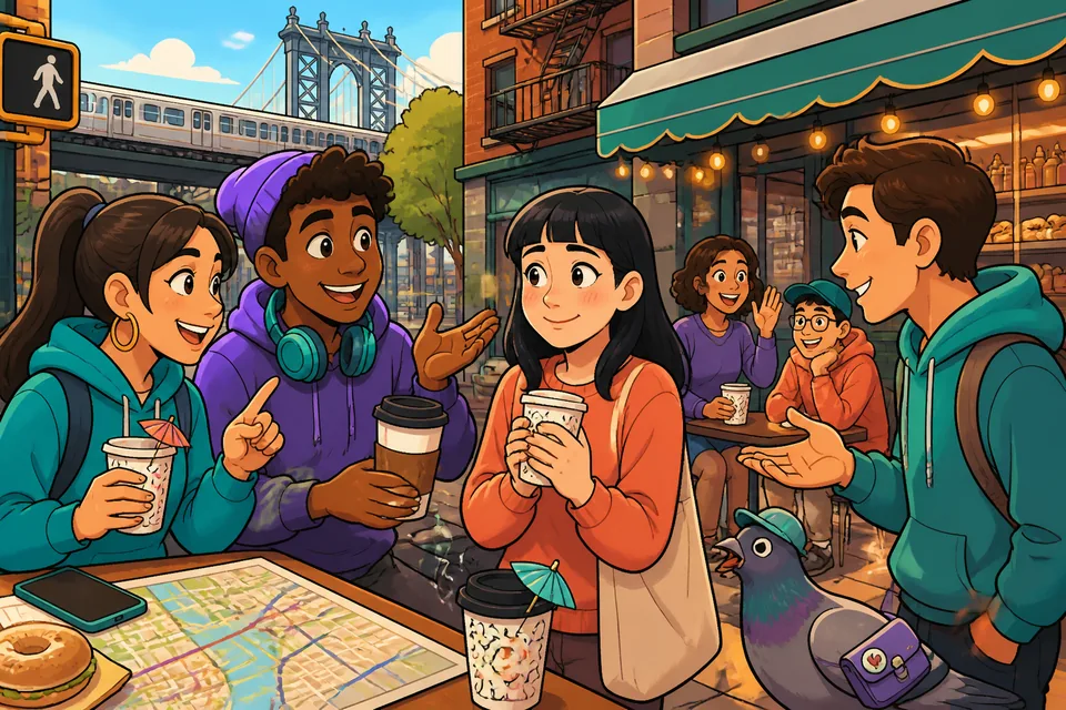 Two people checking a map and a watch while discussing where to meet — French planning phrases.
