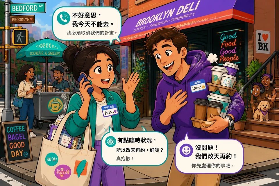 Phone conversation where one friend apologizes and suggests a new time in French.
