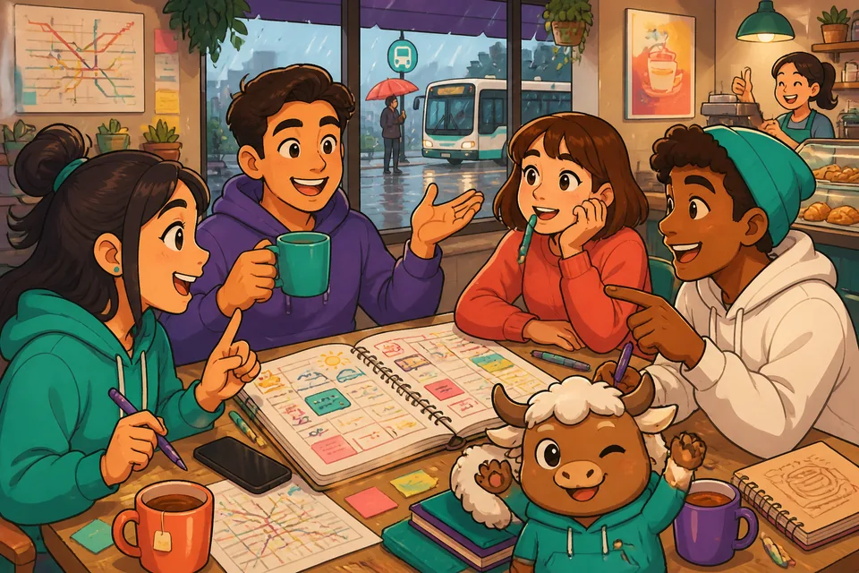Illustration of a casual conversation about weekend plans, showing common French questions and replies.