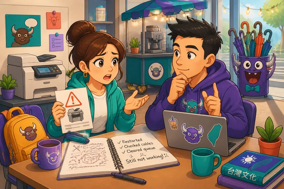 Close-up of a conversation where Anna explains an error message and David offers to check it.