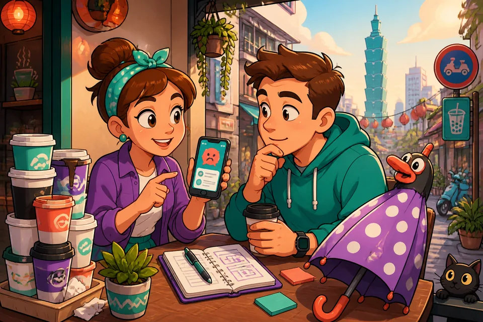 Anna showing David an error message on her phone while they use the lesson phrases to describe the issue.