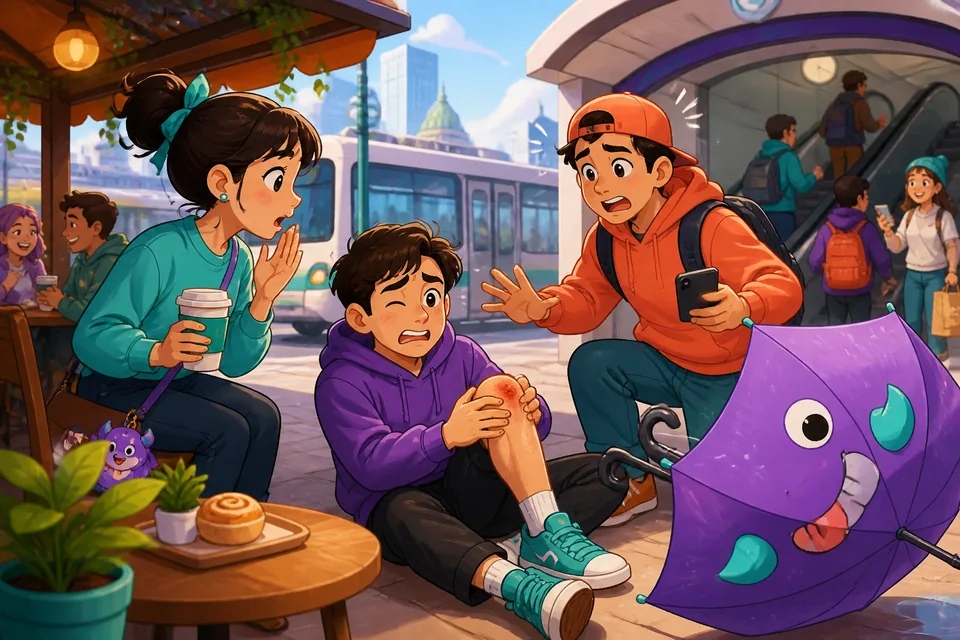 A street scene where someone calls for help: focus on emergency vocabulary in French.