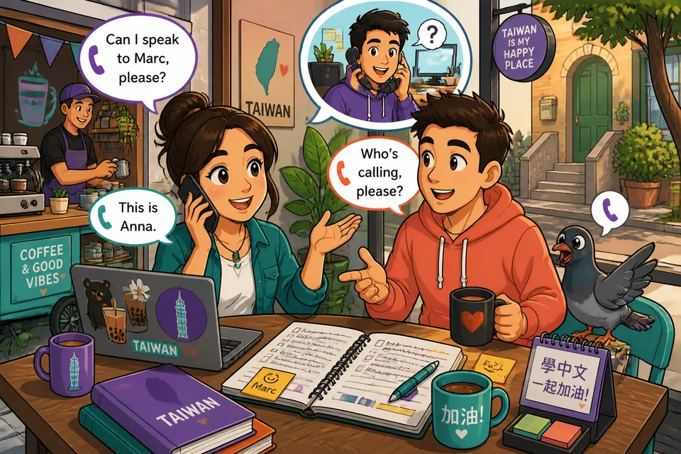 Two people on a phone call using polite message phrases in French, showing how to ask for someone and leave a message.