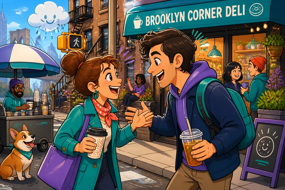 Anna and David happily greet each other in French to model a warm, informal meeting.