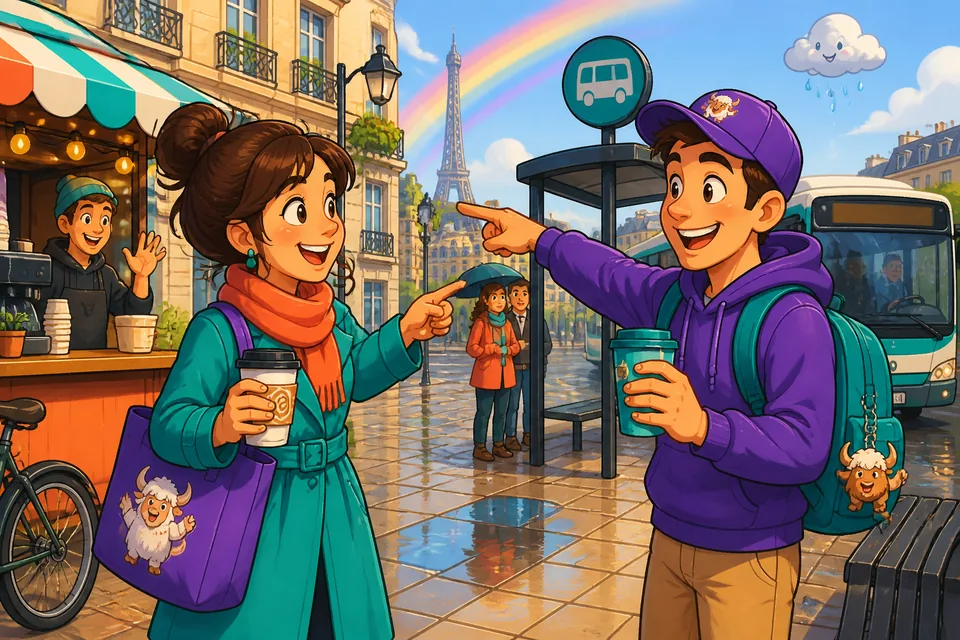 Two friends meeting on a Paris street — practice the phrase 'Ça fait plaisir de te voir.' in a real setting.