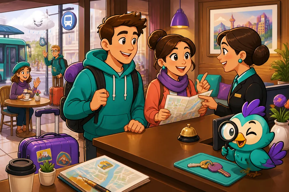 A friendly street scene for learning basic location phrases in French: asking where things are.