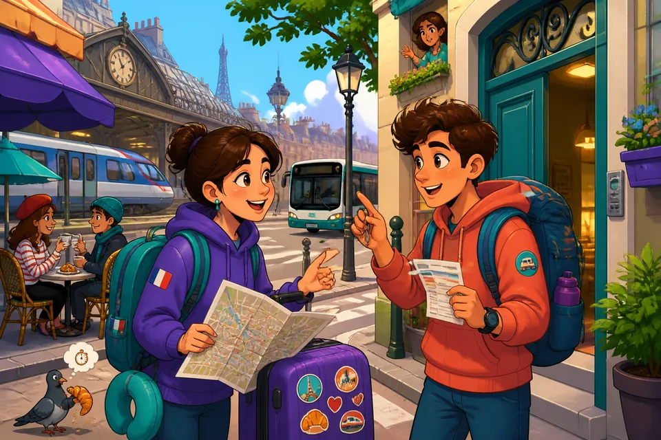 Two travelers asking questions at a French station — shows phrases like Quel quai ? and Un ticket, s'il vous plaît.