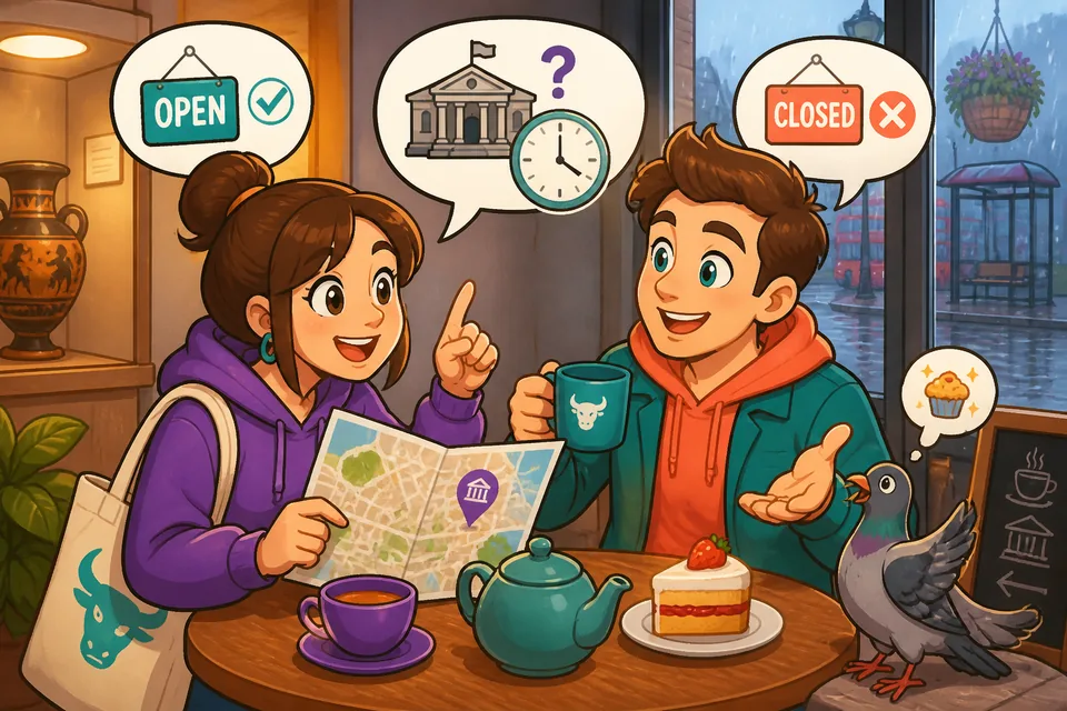 Two people in a small museum discussing whether a place is open or closed and asking for directions to the toilets.