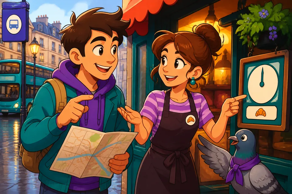 A traveler asking a café employee for opening hours and the location of the toilets in French; useful for places in France.