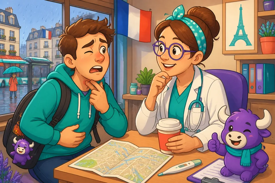 Two people in a small clinic discussing symptoms: headache, fever, and an allergy to nuts.