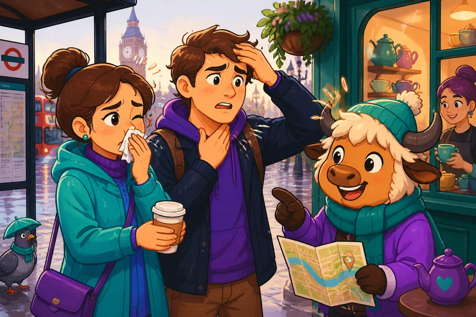 A friendly pharmacy scene in France where learners practice saying 'J'ai de la fièvre' and 'J'ai mal à la tête'.
