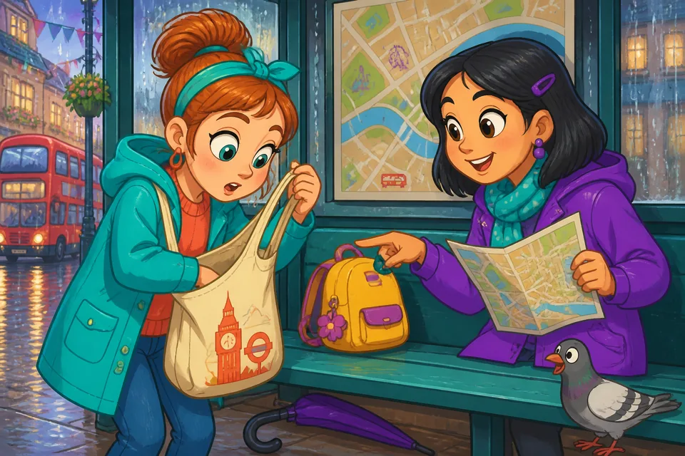 Two people talking in French about where items are: inside, outside, between objects.