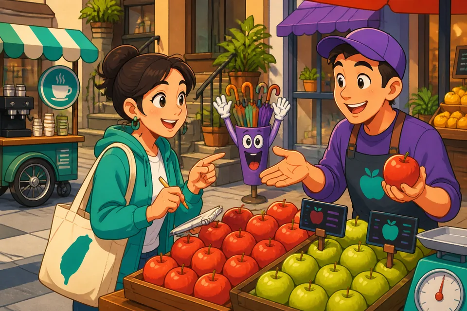 Two people at a market stall using simple French phrases to ask about price and payment.