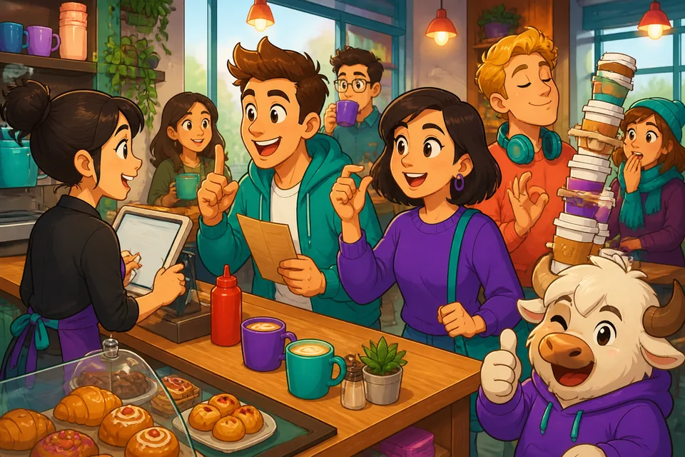 A casual market scene where a learner asks about amounts and payment in French.