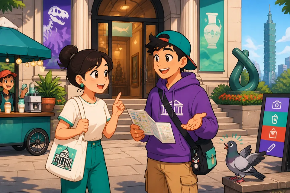 Two people talking near a museum sign about what is allowed and who to ask for permission.