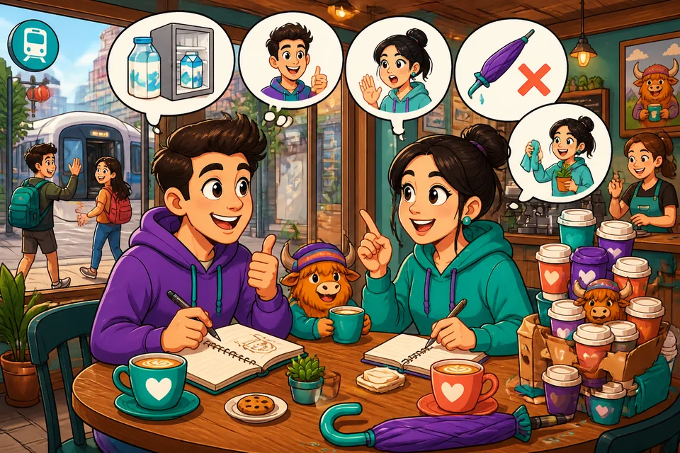 Anna and David exchange quick French replies about milk and help, demonstrating ability and existence phrases.