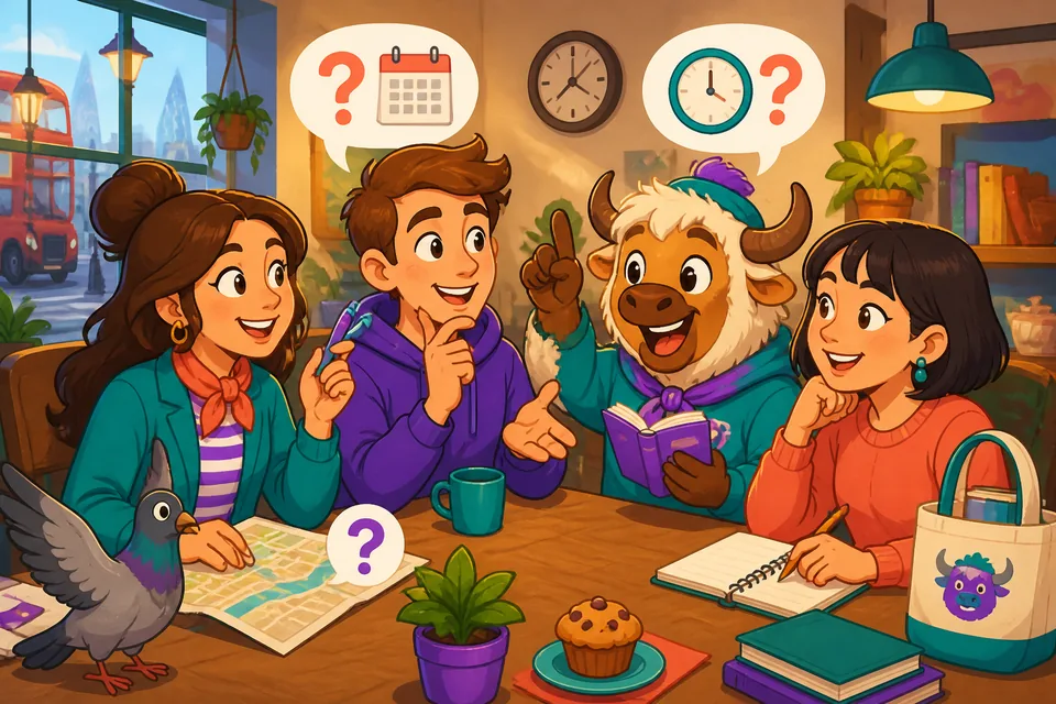Two friends in a French town asking 'What is this?' and 'When is the meeting?' — practicing A1 question frames.
