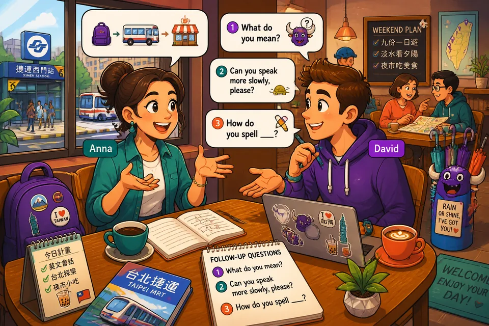 Anna and David in a café using French follow-up prompts to continue a story.
