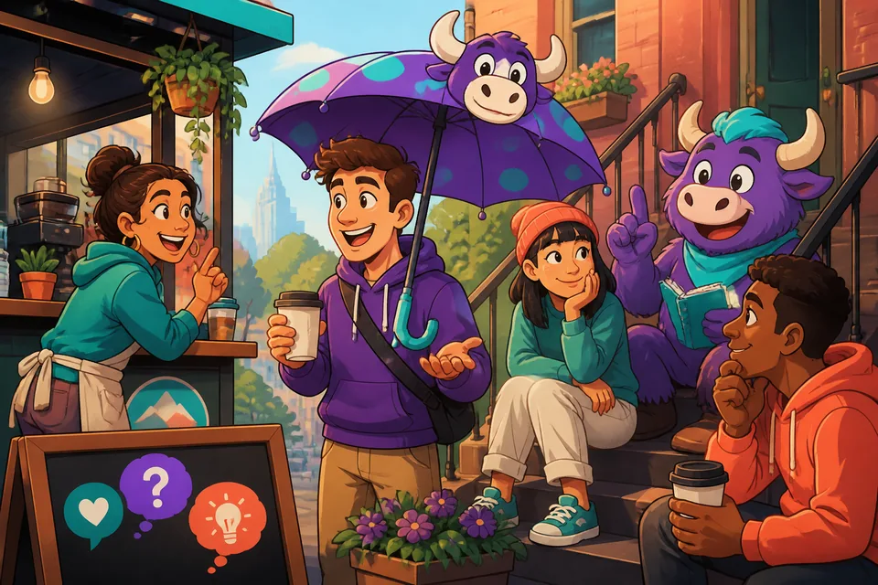 A casual meeting where people ask "Tu penses quoi de... ?" and share preferences in spoken French.
