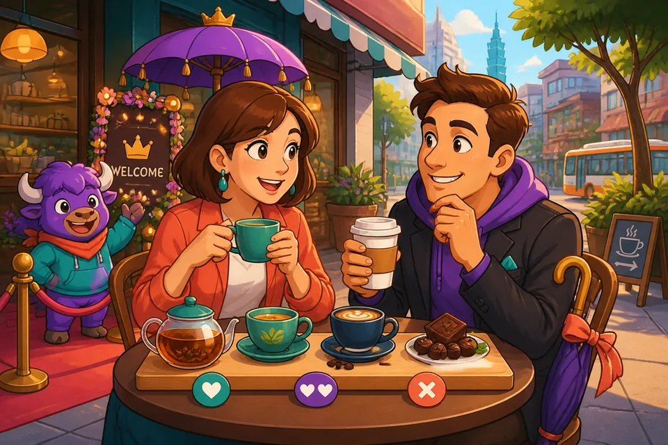 Anna and David talking about tea, coffee, and chocolate using French preference phrases in a short dialogue.