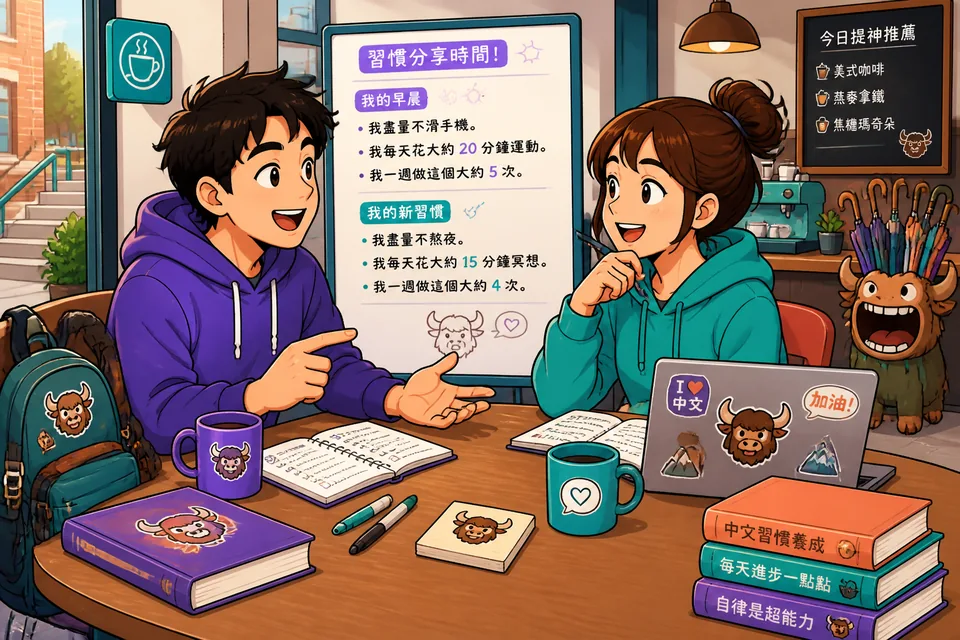 Two friends talking in French about new habits, exercise, and morning routines.