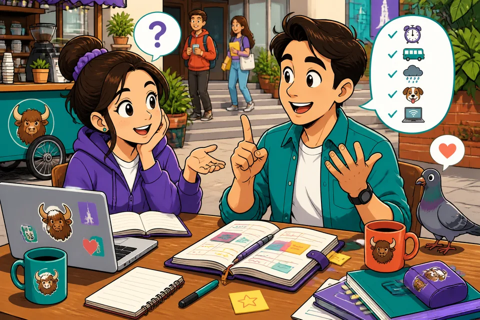 Anna and David discuss what led to a canceled meeting, practicing natural French reason phrases.