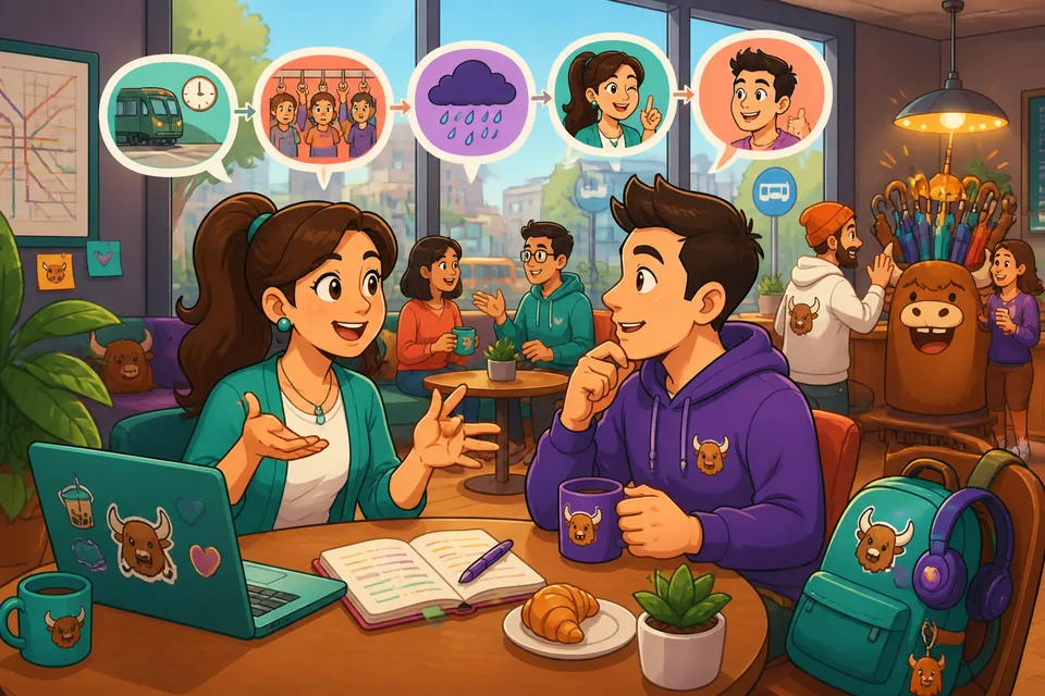Two people having a short French conversation using phrases like «En gros» and «Ça te paraît clair ?».