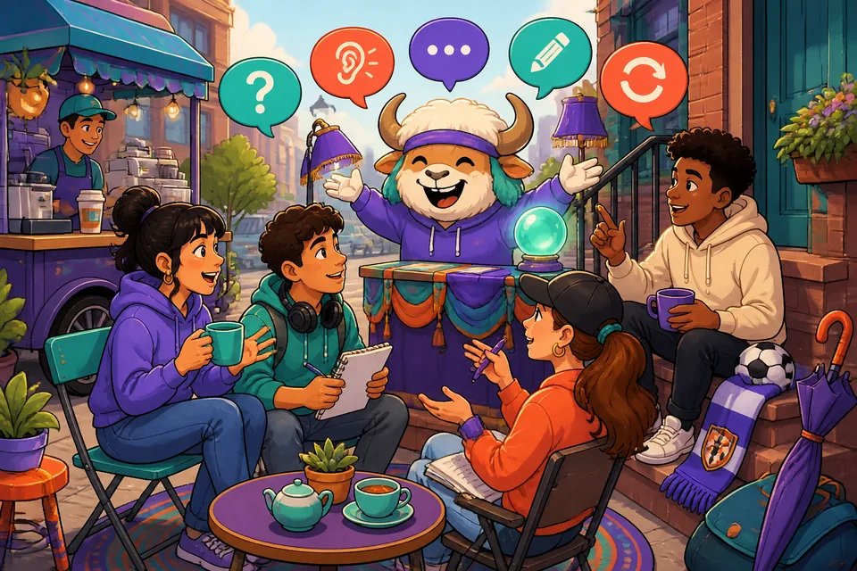 A casual café conversation where a learner asks someone to repeat and explain something in French.