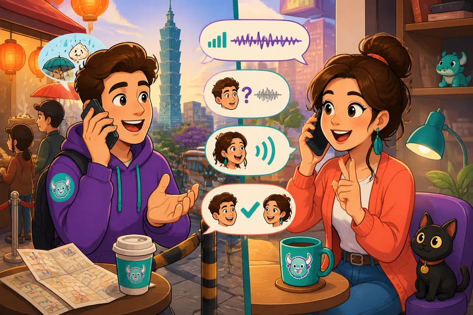 Anna and David on a shaky call, using short French phrases to clarify and repeat what was said.