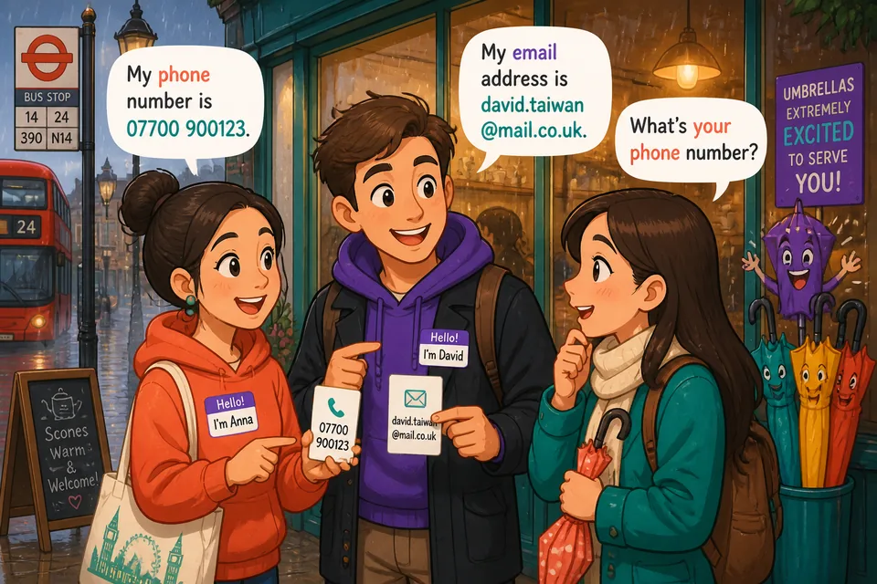 Anna and David talking in French about name, phone number, email, study place and nationality.