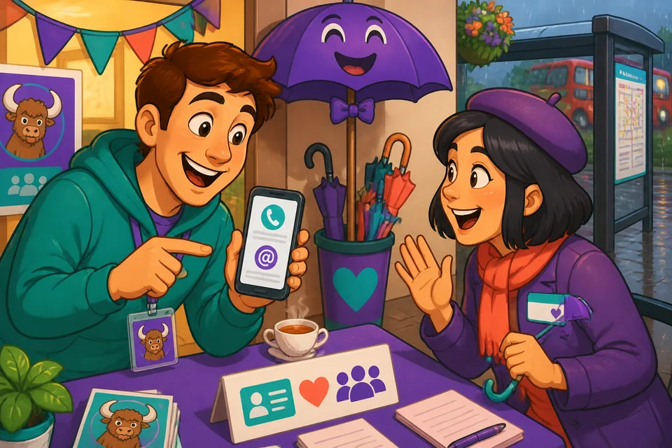 Two people in a café exchanging introductions and contact details in French, practicing A1 identity phrases.