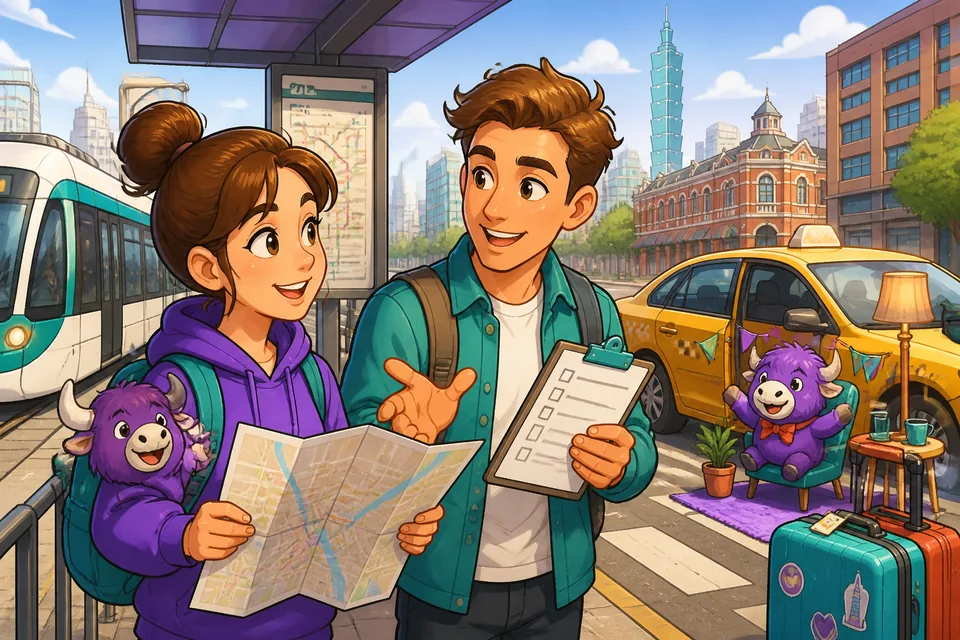 Anna and David standing near a tram stop, talking about where they live and who they live with in French.