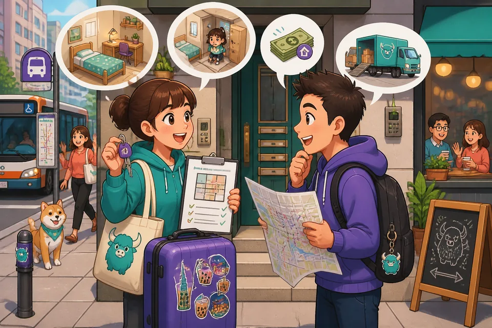 Two friends talking about rent and finding a new place — a model conversation for A2 learners.