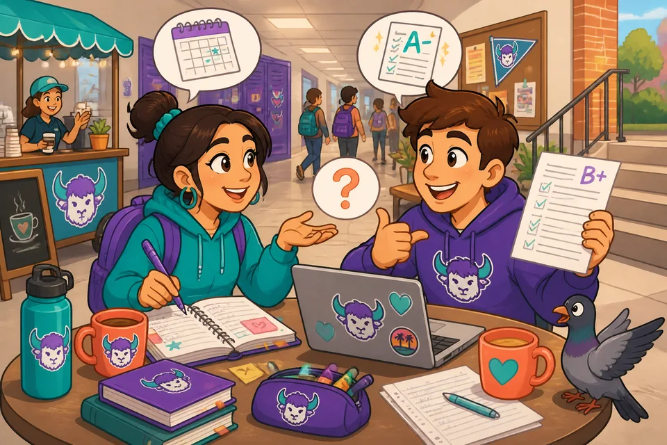 Two students in a hallway asking about test scores and whether they can turn in work tomorrow — natural French school dialogue.