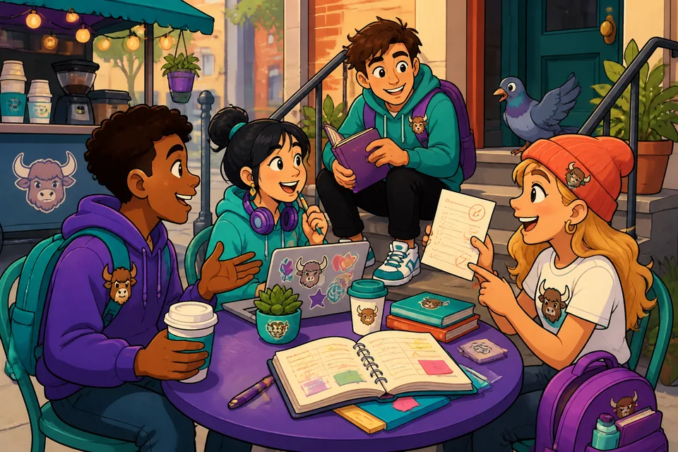 A classroom scene with a teacher and students discussing schedules, projects, and missing items in French.