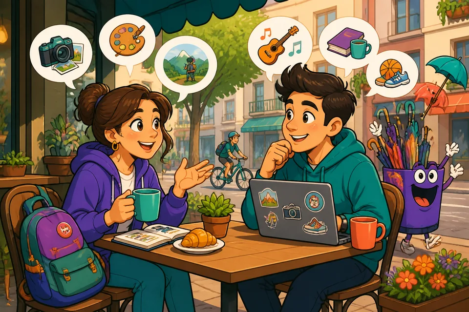 Anna and David discuss their favourite pastimes and ask questions like "Tu fais quoi comme loisirs ?" in a friendly conversation.