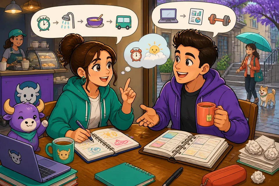 Anna and David discuss wake-up times, being busy, and what they do after work in French.