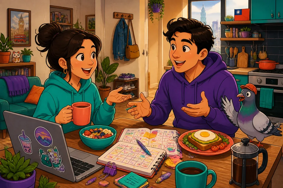 Two friends talking about their daily routines in French — morning to evening activities.