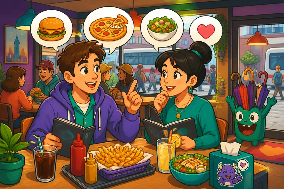 Two people at a table asking about favorite dishes and dietary restrictions to practice French phrases.