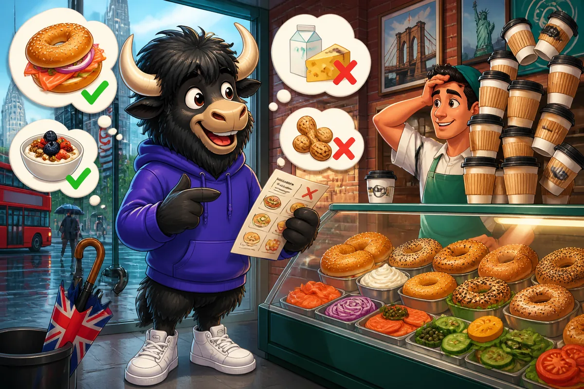 A friendly cafe scene for learning French food preferences, showing a menu and people talking about dietary options.