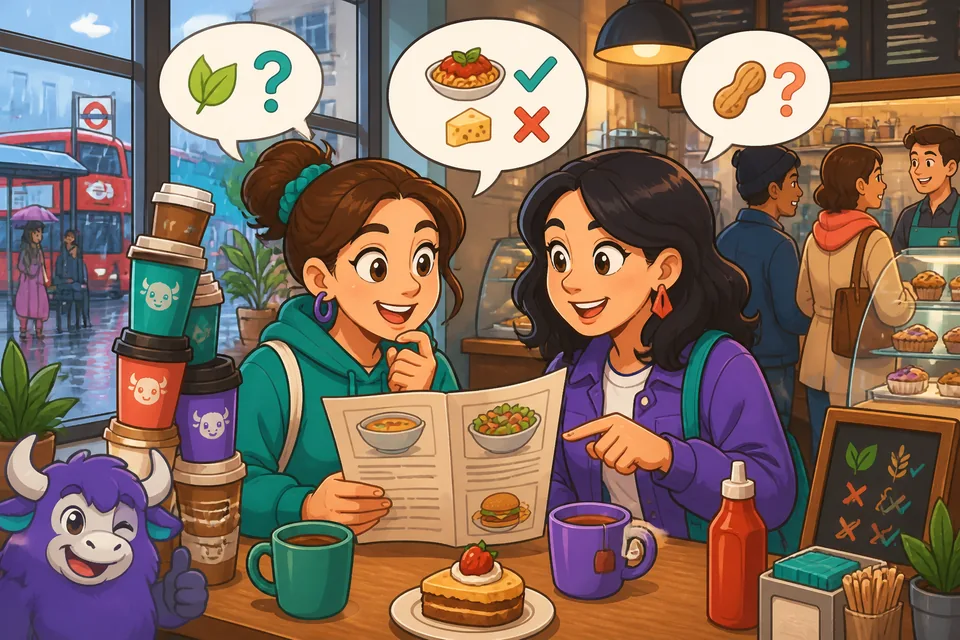 Two friends at a table discussing allergies, likes, and what they can eat, illustrating the lesson's phrases.