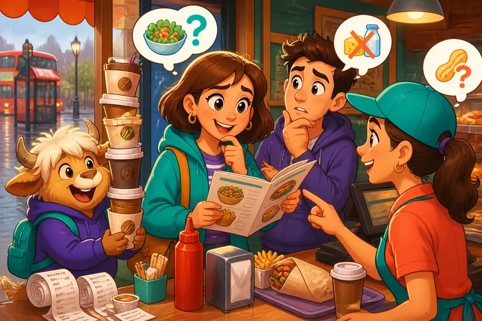 Learners deciding what to order at a small restaurant, practicing asking about vegetarian and gluten-free options in French.